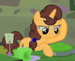 Size: 355x289 | Tagged: safe, color edit, edit, edited screencap, editor:watermelon changeling, screencap, sugar belle, pony, unicorn, g4, hard to say anything, animated, bakery, color cycling, colored, cropped, female, food, gif, looking down, pie, raised hoof, smiling, smirk, solo, sugartable, turntable, wat