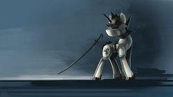 Size: 1920x1080 | Tagged: dead source, safe, artist:shamanguli, oc, oc only, pony, robot, unicorn, armor, helmet, katana, looking back, solo, sword, turned head, weapon