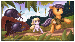 Size: 2082x1162 | Tagged: safe, artist:alexmakovsky, daring do, derpy hooves, giant spider, pegasus, pony, spider, g4, cave, gritted teeth, jungle, running, spider web