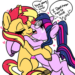 Size: 1000x1000 | Tagged: safe, artist:fazzfuck, sci-twi, sunset shimmer, twilight sparkle, pony, unicorn, g4, bipedal, crying, equestria girls ponified, eyes closed, female, glasses, heart, hug, lesbian, ponified, ship:sci-twishimmer, ship:sunsetsparkle, shipping, simple background, tongue out, unicorn sci-twi