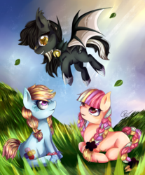 Size: 600x725 | Tagged: safe, artist:konnyart, oc, oc only, bat pony, earth pony, pony, braid, colored pupils, commission, female, flying, grass, looking up, mare, multicolored hair, pigtails, prone, sitting, smiling, trio