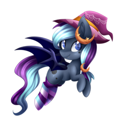 Size: 2892x2940 | Tagged: safe, artist:scarlet-spectrum, oc, oc only, oc:witch hunt, bat pony, pony, clothes, commission, fangs, female, flying, hat, high res, mare, simple background, socks, solo, striped socks, transparent background, witch hat