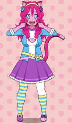 Size: 350x600 | Tagged: safe, artist:punchietheneko, pinkie pie, human, g4, belt, cat tail, clothes, cute, eared humanization, female, humanized, kisekae, pantyhose, pony coloring, shoes, skirt, socks, solo, striped socks, tailed humanization