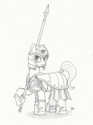 Size: 1369x1837 | Tagged: safe, artist:sensko, crystal pony, pony, armor, black and white, dagger, grayscale, monochrome, pencil drawing, simple background, sketch, solo, spear, traditional art, weapon, white background