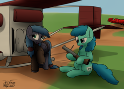 Size: 2269x1637 | Tagged: safe, artist:the-furry-railfan, oc, oc only, oc:linework, oc:night strike, pony, aircraft, dirt road, female, flying machine, grass field, grenade launcher, m79, outdoors, p 235, plane, sitting, story included, this will end in balloons, weapon