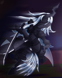 Size: 1160x1444 | Tagged: safe, artist:vavacung, oc, oc only, changeling, changeling queen, 2b, amputee, blindfold, changeling queen oc, female, nier: automata, parody, solo, sword, weapon, white changeling