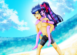 Size: 1600x1131 | Tagged: safe, artist:jotakaanimation, flash sentry, twilight sparkle, equestria girls, g4, alternate hairstyle, anime, beach, clothes, female, male, manga, partial nudity, piggyback ride, ship:flashlight, shipping, speedo, straight, swimsuit, topless