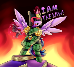 Size: 3000x2700 | Tagged: safe, artist:graphene, twilight sparkle, alicorn, pony, g4, 2000ad, bipedal, book, crossover, female, fire, high res, i am the law, judge dredd, lawgiver, mask, solo, twilight sparkle (alicorn)