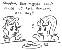 Size: 561x455 | Tagged: safe, artist:jargon scott, starlight glimmer, trixie, pony, unicorn, black and white, cape, chicken nugget, clothes, dialogue, dino nuggies, eating, food, grayscale, hat, looking at each other, monochrome, question mark, shrug, simple background, trixie's cape, trixie's hat, white background
