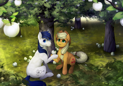 Size: 2150x1500 | Tagged: safe, artist:mr-tiaa, applejack, oc, oc:constance everheart, pony, g4, apple, canon x oc, dappled sunlight, everjack, female, food, forest, male, shipping, straight