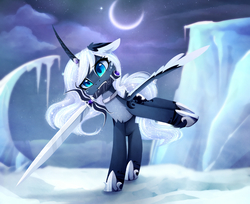 Size: 1487x1215 | Tagged: safe, artist:magnaluna, princess luna, alicorn, pony, g4, alternate design, colored pupils, crescent moon, curved horn, cute, fangs, female, horn, ice, lunabetes, mare, moon, mouth hold, snow, solo, spread wings, sword, warrior luna, weapon, white-haired luna, wings