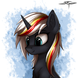 Size: 1000x1000 | Tagged: safe, artist:setharu, oc, oc only, oc:velvet remedy, pony, unicorn, fallout equestria, abstract background, bust, chest fluff, ear fluff, fanfic, fanfic art, female, fluffy, horn, mare, portrait, signature, smiling, solo