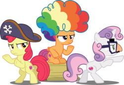 Size: 5000x3452 | Tagged: safe, artist:dashiesparkle, apple bloom, scootaloo, sweetie belle, earth pony, pony, g4, hard to say anything, .svg available, absurd resolution, agent rainbow head, charlie's angels, cutie mark crusaders, female, filly, funny face, glasses, hat, hay bale, pirate hat, shimmering spectacles, simple background, spyrate, transparent background, trio, vector, wig