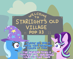 Size: 758x620 | Tagged: safe, artist:threetwotwo32232, starlight glimmer, trixie, pony, unicorn, g4, to where and back again, clothes, dialogue, hat, looking at each other, our town, sign, trixie's hat, what a twist