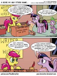 Size: 885x1163 | Tagged: safe, artist:pony-berserker, spike, twilight sparkle, oc, oc:sweet words, alicorn, dragon, pony, fame and misfortune, g4, comic, dialogue, hilarious in hindsight, i can't believe it's not idw, speech bubble, twilight sparkle (alicorn)