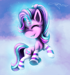 Size: 1862x2001 | Tagged: safe, artist:ferasor, starlight glimmer, pony, unicorn, g4, clothes, cute, eyes closed, female, floating, glimmerbetes, happy, magic, mare, signature, smiling, socks, solo, stockings, striped socks