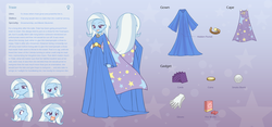 Size: 2150x1008 | Tagged: safe, artist:howxu, trixie, equestria girls, g4, alternate universe, cape, card, clothes, coin, dress, expressions, female, gloves, gown, reference sheet, smiling, smoke bomb, solo, trixie's cape