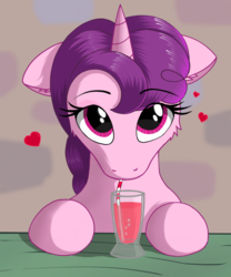 Size: 1000x1200 | Tagged: safe, artist:negasun, sugar belle, pony, unicorn, g4, cup, cute, drinking, female, floppy ears, heart, looking at you, mare, solo