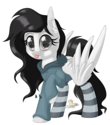 Size: 702x800 | Tagged: safe, artist:unisoleil, oc, oc only, oc:echo, pegasus, pony, clothes, female, hoodie, mare, raised hoof, simple background, socks, solo, striped socks, tongue out, transparent background