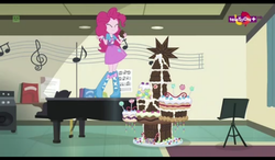 Size: 1024x600 | Tagged: safe, screencap, pinkie pie, equestria girls, equestria girls specials, g4, my little pony equestria girls: dance magic, cake, chocolate, female, food, musical instrument, piano, solo, teletoon, twilight's castle