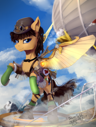 Size: 1500x2000 | Tagged: safe, artist:discordthege, oc, oc only, pegasus, pony, airship, clothes, hat, looking at you, male, mountain, mountain range, rearing, scenery, signature, solo, steampunk