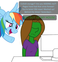 Size: 539x569 | Tagged: safe, anonymous artist, rainbow dash, oc, oc:femanon, human, pegasus, pony, g4, 4chan, clothes, cloud storage, colored, computer, desk, dialogue, drawthread, duo, flying, funny, looking over shoulder, monitor, pun, shirt, simple background
