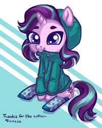 Size: 759x950 | Tagged: safe, artist:mcponyponypony, starlight glimmer, pony, unicorn, g4, abstract background, biting, clothes, cute, female, glimmerbetes, hoodie, kneesocks, socks, solo