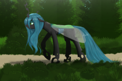 Size: 1500x1000 | Tagged: safe, artist:ruanshi, queen chrysalis, changeling, changeling queen, g4, female, forest, lidded eyes, sad, solo, walking