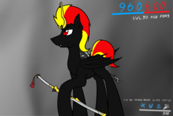 Size: 3000x2000 | Tagged: safe, artist:jacqueling, oc, oc only, bat pony, pony, dialogue, gun, high res, hud, nikana, rifle, sniper rifle, solo, sword, text, vectis, warframe, weapon