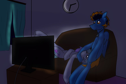 Size: 750x500 | Tagged: safe, artist:jacqueling, oc, oc only, pegasus, pony, unicorn, couch, night, television