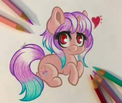 Size: 3109x2625 | Tagged: safe, artist:emberslament, oc, oc only, oc:reverie, pony, unicorn, chibi, colored pencils, female, high res, mare, pencil, photo, prone, solo, traditional art