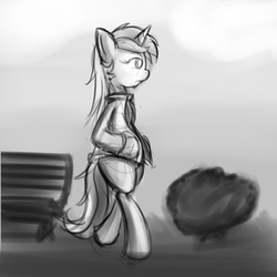 Size: 1000x1000 | Tagged: dead source, safe, artist:cheshiresdesires, lyra heartstrings, pony, unicorn, semi-anthro, g4, bench, bipedal, clothes, female, grayscale, jacket, lidded eyes, monochrome, solo