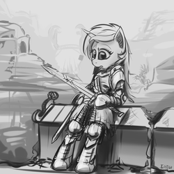 Size: 1200x1200 | Tagged: dead source, safe, artist:cheshiresdesires, lyra heartstrings, pony, unicorn, semi-anthro, g4, armor, female, grayscale, monochrome, solo, sword, weapon