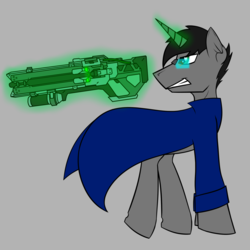 Size: 2000x2000 | Tagged: safe, artist:jacqueling, oc, oc only, oc:rising knight, alicorn, pony, cape, clothes, glasses, gray background, gun, high res, magic, overwatch, rifle, simple background, soldier 76, solo, weapon