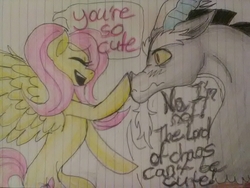 Size: 1600x1200 | Tagged: safe, artist:jucupcake90, discord, fluttershy, g4, female, lined paper, male, ship:discoshy, shipping, straight, traditional art