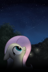 Size: 1200x1800 | Tagged: safe, artist:masserey, fluttershy, firefly (insect), pony, g4, bust, female, floppy ears, looking up, mare, night, shooting star, smiling, solo, space, stargazing, starry night