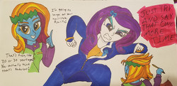Size: 2228x1082 | Tagged: safe, artist:iffoundreturntorarity, rarity, sassy saddles, equestria girls, g4, crossover, diamond is unbreakable, equestria girls-ified, jojo's bizarre adventure, josuke higashikata, rohan kishibe, this will end in pain, this will end in tears, traditional art
