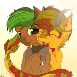 Size: 2079x2064 | Tagged: safe, artist:neko-me, oc, oc only, oc:grit, oc:jaeger sylva, dracony, earth pony, hybrid, pony, couple, gay, high res, male, oc x oc, shipping, smiling, stallion