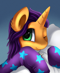 Size: 1446x1764 | Tagged: safe, artist:pridark, oc, oc only, oc:eclipse, pony, bust, female, looking at you, mare, one eye closed, pillow, portrait, solo