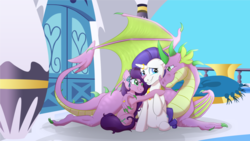 Size: 1024x576 | Tagged: safe, artist:nivimonster, rarity, spike, oc, oc:delicacy, dracony, dragon, hybrid, g4, family, father and child, father and daughter, female, interspecies offspring, jewelry, male, mare, mother and child, mother and daughter, offspring, older, older spike, parent:rarity, parent:spike, parents:sparity, ring, ship:sparity, shipping, straight, wedding ring, winged spike, wings