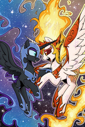 Size: 477x709 | Tagged: safe, artist:yukandasama, daybreaker, nightmare moon, alicorn, pony, a royal problem, g4, duo, eye contact, female, looking at each other, sisters, watermark