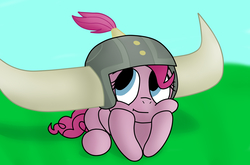 Size: 6920x4568 | Tagged: safe, artist:crazydoodleman144, pinkie pie, pony, g4, not asking for trouble, absurd resolution, female, helmet, honorary yak horns, horned helmet, prone, solo, viking helmet