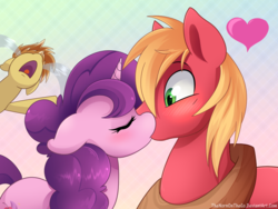 Size: 1000x753 | Tagged: safe, artist:thenornonthego, big macintosh, feather bangs, sugar belle, earth pony, pony, unicorn, g4, hard to say anything, bedroom eyes, blushing, crying, cute, daaaaaaaaaaaw, eyes closed, female, heart, kiss on the lips, kissing, looking at each other, looking down, looking up, male, mare, ocular gushers, ship:sugarmac, shipping, stallion, straight