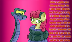 Size: 1290x765 | Tagged: safe, artist:snakeythingy, strawberry sunrise, pony, g4, honest apple, coils, dialogue, hypocrisy, hypocritical humor, irony, kaa, strawberry savage, the jungle book