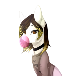 Size: 1024x1024 | Tagged: safe, artist:symphstudio, oc, oc only, oc:therese, earth pony, pony, art trade, bubblegum, clothes, colored pupils, female, food, gum, looking at you, mare, shirt, simple background, solo, transparent background