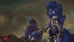 Size: 3840x2160 | Tagged: safe, artist:tsaritsaluna, princess luna, alicorn, pony, g4, alternate hairstyle, armor, clothes, female, fine art parody, helmet, high res, looking at you, peter the great, ponified, sash, solo, standing, sword, weapon