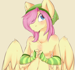 Size: 1177x1103 | Tagged: safe, artist:rainbowscreen, artist:rainbowscreen edit, edit, fluttershy, anthro, g4, beanie, butterscotch, clothes, cropcon, cropped, explicit source, femboy, gloves, hat, male, nipples, nudity, rule 63, solo, wings