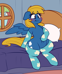 Size: 1280x1519 | Tagged: safe, artist:graphene, oc, oc only, oc:rainy season, pegasus, pony, bed, belly, blushing, chubby, clothes, female, mare, pillow, socks, window