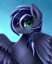 Size: 1446x1764 | Tagged: safe, artist:pridark, oc, oc only, oc:lightning flare, pegasus, pony, bust, chest fluff, commission, ear fluff, jewelry, looking at you, male, necklace, portrait, solo, stallion, wings