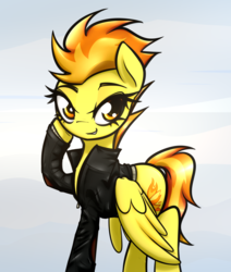 Size: 2508x2956 | Tagged: safe, artist:jetwave, spitfire, pegasus, pony, g4, abstract background, clothes, female, gradient background, high res, jacket, leather, leather jacket, mare, raised hoof, sexy, smiling, solo, stupid sexy spitfire
